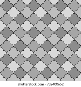 Seamless surface pattern design with quatrefoil figures. Oriental traditional ornament with repeated rounded shapes. Window tracery wallpaper. Grid motif. Digital paper. Vector art illustration.