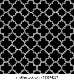 Seamless surface pattern design with quatrefoil figures. Oriental traditional ornament with repeated rounded shapes. Window tracery wallpaper. Grid motif. Digital paper abstract. Vector illustration.