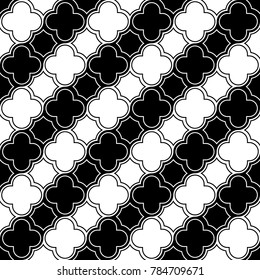 Seamless surface pattern design with quatrefoil figures. Oriental traditional ornament with repeated rounded shapes. Window tracery wallpaper. Grid motif. Digital paper abstract. Vector illustration.
