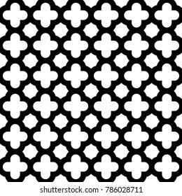 Seamless surface pattern design with quatrefoil figures. Oriental traditional ornament with repeated rounded shapes. Window tracery wallpaper. Grid motif. Digital paper abstract. Vector illustration.