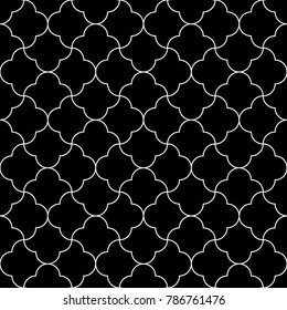 Seamless surface pattern design with quatrefoil figures. Oriental traditional ornament with repeated rounded shapes. Window tracery wallpaper. Grid motif. Digital paper. Vector art illustration.