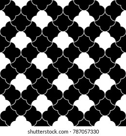 Seamless surface pattern design with quatrefoil figures. Oriental traditional ornament with repeated rounded shapes. Window tracery wallpaper. Grid motif. Digital paper. Vector art illustration.