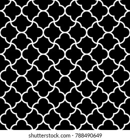 Seamless surface pattern design with quatrefoil figures. Oriental traditional ornament with repeated rounded shapes. Window tracery wallpaper. Grid motif. Digital paper. Vector art illustration.