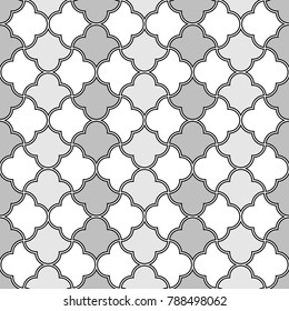 Seamless surface pattern design with quatrefoil figures. Oriental traditional ornament with repeated rounded shapes. Window tracery wallpaper. Grid motif. Digital paper. Vector art illustration.