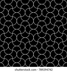 Seamless surface pattern design with quatrefoil figures. Oriental traditional ornament with repeated rounded shapes. Window tracery wallpaper. Grid motif. Digital paper. Vector art illustration.