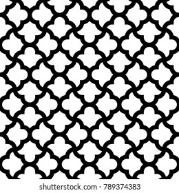 Seamless surface pattern design with quatrefoil figures. Oriental traditional ornament with repeated rounded shapes. Window tracery wallpaper. Grid motif. Digital paper. Vector art illustration.