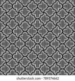 Seamless surface pattern design with quatrefoil figures. Oriental traditional ornament with repeated rounded shapes. Window tracery wallpaper. Grid motif. Digital paper. Vector art illustration.