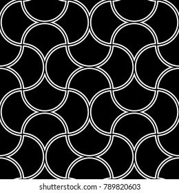 Seamless surface pattern design with quatrefoil figures. Oriental traditional ornament with repeated rounded shapes. Window tracery wallpaper. Grid motif. Digital paper. Vector art illustration.