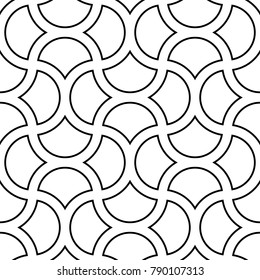Seamless surface pattern design with quatrefoil figures. Oriental traditional ornament with repeated rounded shapes. Window tracery wallpaper. Grid motif. Digital paper. Vector art illustration.