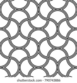 Seamless surface pattern design with quatrefoil figures. Oriental traditional ornament with repeated rounded shapes. Window tracery wallpaper. Grid motif. Digital paper. Vector art illustration.