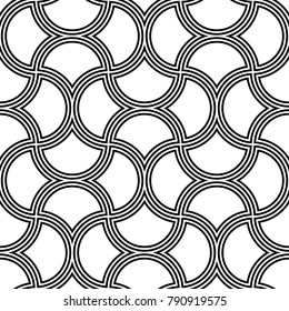 Seamless surface pattern design with quatrefoil figures. Oriental traditional ornament with repeated rounded shapes. Window tracery wallpaper. Grid motif. Digital paper. Vector art illustration.