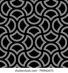 Seamless surface pattern design with quatrefoil figures. Oriental traditional ornament with repeated rounded shapes. Ancient mosaic wallpaper. Grid motif. Digital paper. Vector art illustration.