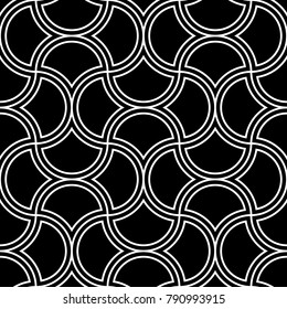 Seamless surface pattern design with quatrefoil figures. Oriental traditional ornament with repeated rounded shapes. Ancient mosaic wallpaper. Grid motif. Digital paper. Vector art illustration.