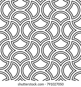 Seamless surface pattern design with quatrefoil figures. Oriental traditional ornament with repeated rounded shapes. Ancient mosaic wallpaper. Grid motif. Digital paper. Vector art illustration.