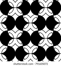 Seamless surface pattern design with quatrefoil figures. Oriental traditional ornament with repeated rounded shapes. Window tracery wallpaper. Grid motif. Digital paper. Vector art illustration.