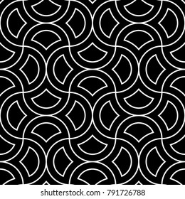Seamless surface pattern design with quatrefoil figures. Oriental traditional ornament with repeated rounded shapes. Ancient mosaic wallpaper. Grid motif. Digital paper. Vector art illustration.