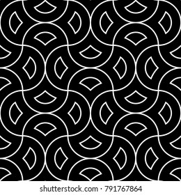 Seamless surface pattern design with quatrefoil figures. Oriental traditional ornament with repeated rounded shapes. Ancient mosaic wallpaper. Grid motif. Digital paper. Vector art illustration.