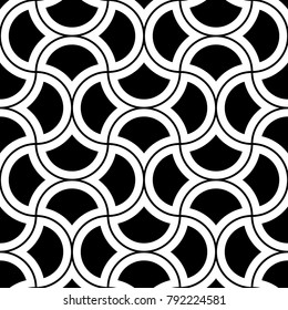 Seamless surface pattern design with quatrefoil figures. Oriental traditional ornament with repeated rounded shapes. Ancient mosaic wallpaper. Grid motif. Digital paper. Vector art illustration.
