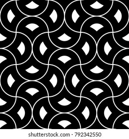 Seamless surface pattern design with quatrefoil figures. Oriental traditional ornament with repeated rounded shapes. Ancient mosaic wallpaper. Grid motif. Digital paper. Vector art illustration.
