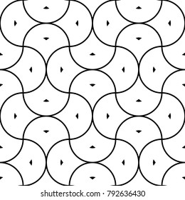 Seamless surface pattern design with quatrefoil figures. Oriental traditional ornament with repeated rounded shapes. Ancient mosaic wallpaper. Grid motif. Digital paper. Vector art illustration.