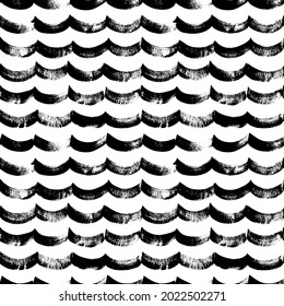 Seamless surface pattern design with semicircles. Scallop scales, river or ocean motif. Black ink illustration with wavy horizontal lines. Hand drawn abstract background. Water, sea texture.