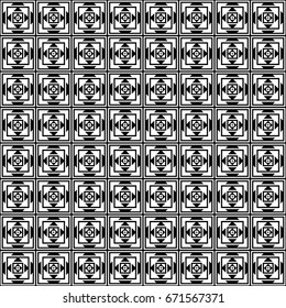 Seamless surface pattern design with squares, triangles, rhombuses. Black polygons abstract. Ethnic embroidery background. Mandala wallpaper. Carpet motif. Digital paper with ancient ornament. Vector.