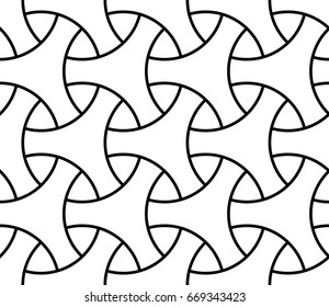 Seamless surface pattern design with traditional japanese ornament. Three pronged blocks tessellation. Repeated interlocking white figures on black background. Bishamon armor motif. Sashiko embroidery