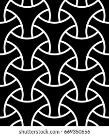Seamless surface pattern design with traditional japanese ornament. Three pronged blocks tessellation. Repeated interlocking white figures on black background. Bishamon armor motif. Sashiko embroidery