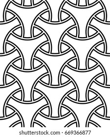 Seamless surface pattern design with traditional japanese ornament. Three pronged blocks tessellation. Repeated interlocking black figures on white background. Bishamon armor motif. Sashiko embroidery