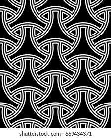 Seamless surface pattern design with traditional japanese ornament. Three pronged blocks tessellation. Repeated white interlocking figures on black background. Bishamon armor motif. Sashiko embroidery