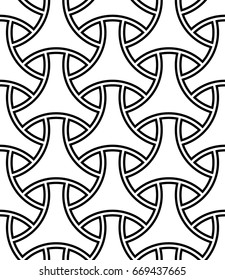 Seamless surface pattern design with traditional japanese ornament. Three pronged blocks tessellation. Repeated interlocking black figures on white background. Bishamon armor motif. Sashiko embroidery