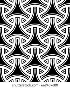 Seamless surface pattern design with traditional japanese ornament. Three pronged blocks tessellation. Repeated black interlocking figures on white background. Bishamon armor motif. Sashiko embroidery