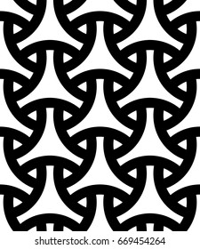 Seamless surface pattern design with traditional japanese ornament. Three pronged blocks tessellation. Repeated white interlocking figures on black background. Bishamon armor motif. Sashiko embroidery