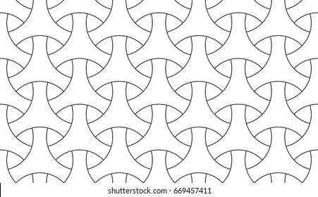 Seamless surface pattern design with traditional japanese ornament. Three pronged blocks tessellation. Repeated white interlocking figures on black background. Bishamon armor motif. Sashiko embroidery