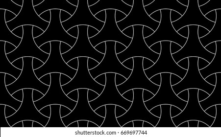 Seamless surface pattern design with traditional japanese ornament. Three pronged blocks tessellation. Repeated black interlocking figures on white background. Bishamon armor motif. Sashiko embroidery