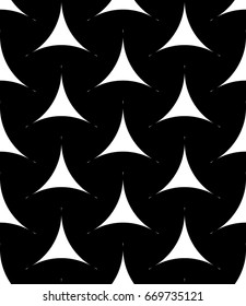 Seamless surface pattern design with traditional japanese ornament. Staggered three pronged blocks . Repeated white figures abstract on black background. Bishamon armor motif. Sashiko embroidery
