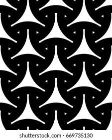 Seamless surface pattern design with traditional japanese ornament. Three pronged blocks tessellation. Repeated white interlocking figures on black background. Bishamon armor motif. Sashiko embroidery