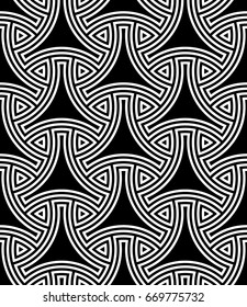Seamless surface pattern design with traditional japanese ornament. Three pronged blocks tessellation. Repeated white interlocking figures on black background. Bishamon armor motif. Sashiko embroidery