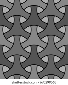 Seamless surface pattern design with traditional japanese ornament. Three pronged blocks tessellation. Repeated grey interlocking figures on black background. Bishamon armor motif. Sashiko embroidery.