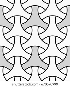 Seamless surface pattern design with traditional japanese ornament. Three pronged blocks tessellation. Repeated color interlocking figures on black background. Bishamon armor motif. Sashiko embroidery