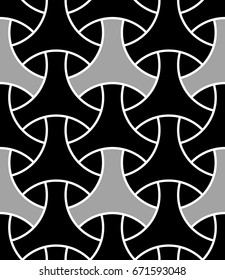 Seamless surface pattern design with traditional japanese ornament. Three pronged blocks tessellation. Repeated color interlocking figures on white background. Bishamon armor motif. Sashiko embroidery
