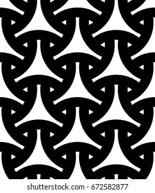 Seamless surface pattern design with traditional japanese ornament. Three pronged blocks tessellation. Repeated white interlocking figures on black background. Bishamon armor motif. Sashiko embroidery