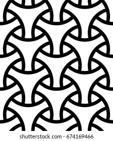 Seamless surface pattern design with traditional japanese ornament. Three pronged blocks tessellation. Repeated interlocking white figures on black background. Bishamon armor motif. Sashiko embroidery