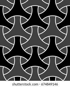 Seamless surface pattern design with traditional japanese ornament. Three pronged blocks tessellation. Repeated color interlocking figures on white background. Bishamon armor motif. Sashiko embroidery
