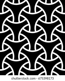 Seamless surface pattern design with traditional japanese ornament. Three pronged blocks tessellation. Repeated interlocking black figures on white background. Bishamon armor motif. Sashiko embroidery