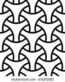 Seamless surface pattern design with traditional japanese ornament. Three pronged blocks tessellation. Repeated interlocking white figures on black background. Bishamon armor motif. Sashiko embroidery