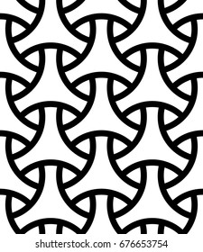 Seamless surface pattern design with traditional japanese ornament. Three pronged blocks tessellation. Repeated interlocking white figures on black background. Bishamon armor motif. Sashiko embroidery