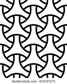 Seamless surface pattern design with traditional japanese ornament. Three pronged blocks tessellation. Repeated interlocking white figures on black background. Bishamon armor motif. Sashiko embroidery
