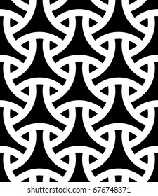 Seamless surface pattern design with traditional japanese ornament. Three pronged blocks tessellation. Repeated black interlocking figures on white background. Bishamon armor motif. Sashiko embroidery