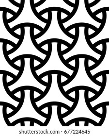 Seamless surface pattern design with traditional japanese ornament. Three pronged blocks tessellation. Repeated interlocking white figures on black background. Bishamon armor motif. Sashiko embroidery
